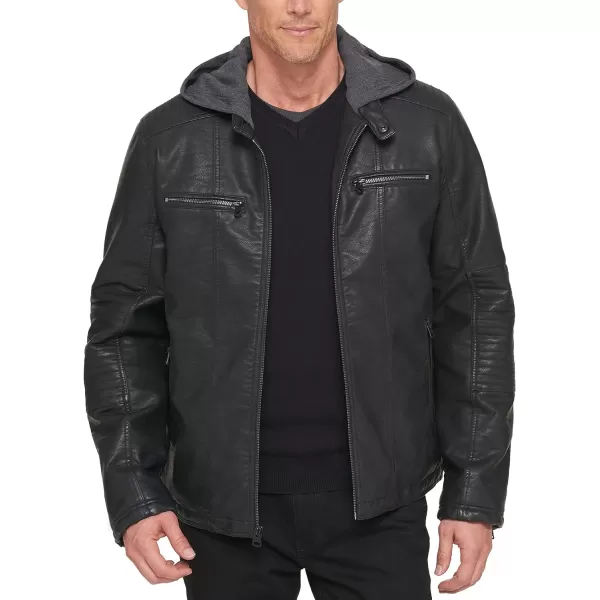 Levis Men Faux Leather Racer JacketBlack Buffed Cow Hooded