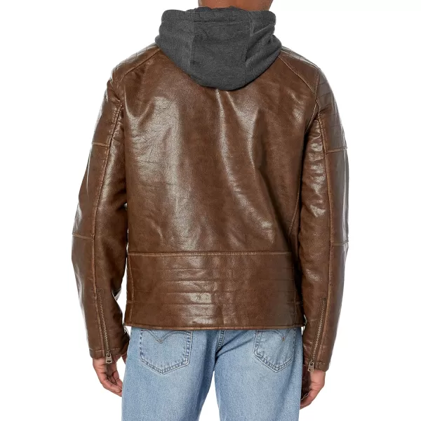 Levis Men Faux Leather Racer JacketSaddle Modern Hooded