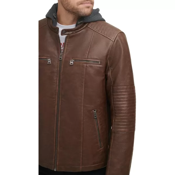 Levis Men Faux Leather Racer JacketSaddle Two Tone Hooded