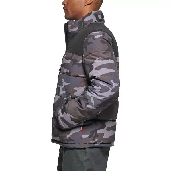 Levis Mens Arctic Cloth Retro Bubble Puffer JacketGrey Camo Tonal Logo