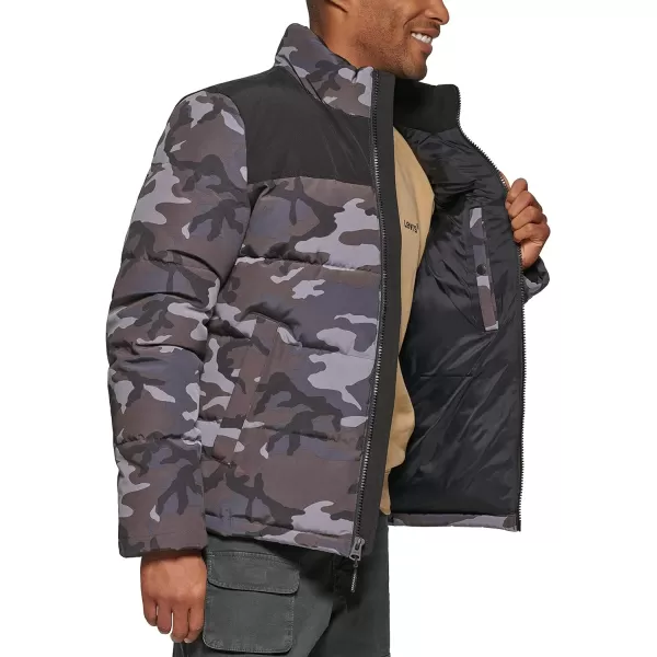 Levis Mens Arctic Cloth Retro Bubble Puffer JacketGrey Camo Tonal Logo