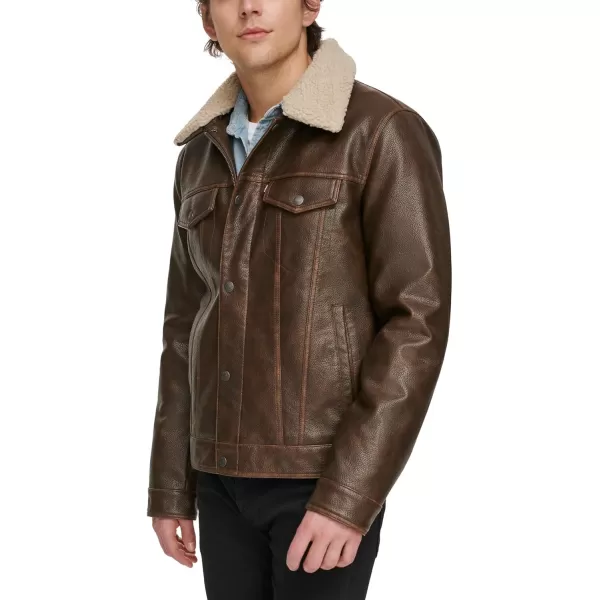 Levis Mens Faux Leather Classic Trucker JacketBrown W Sherpa Collar