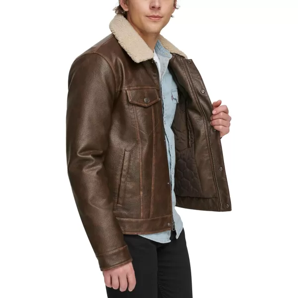 Levis Mens Faux Leather Classic Trucker JacketBrown W Sherpa Collar