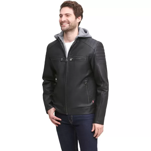 Levis Mens Faux Leather Hooded Racer JacketStandard Black Modern Lamb