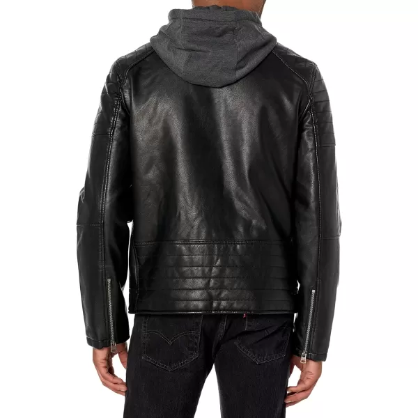 Levis Mens Faux Leather Hooded Racer JacketStandard Black Modern Lamb