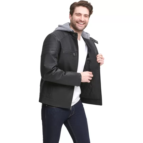 Levis Mens Faux Leather Hooded Racer JacketStandard Black Modern Lamb