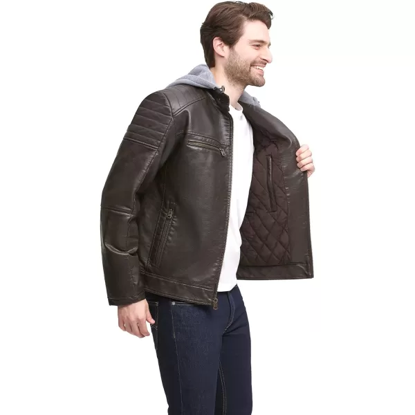Levis Mens Faux Leather Hooded Racer JacketStandard Deep Brown Modern Lamb