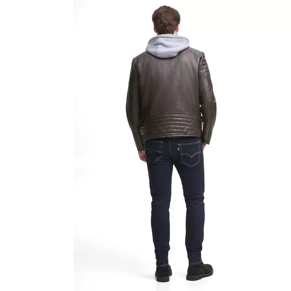 Levis Mens Faux Leather Hooded Racer JacketStandard Deep Brown Modern Lamb