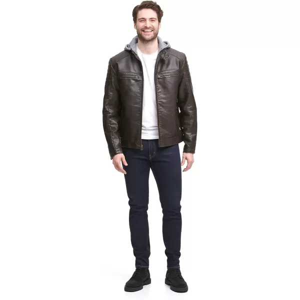 Levis Mens Faux Leather Hooded Racer JacketStandard Deep Brown Modern Lamb