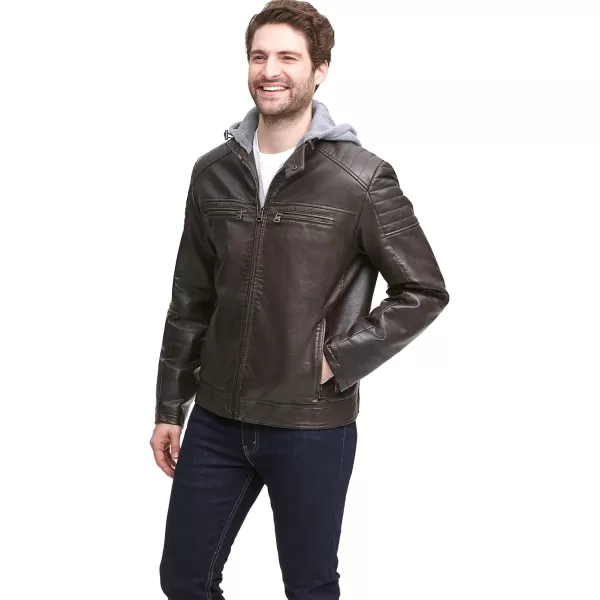 Levis Mens Faux Leather Hooded Racer JacketStandard Deep Brown Modern Lamb