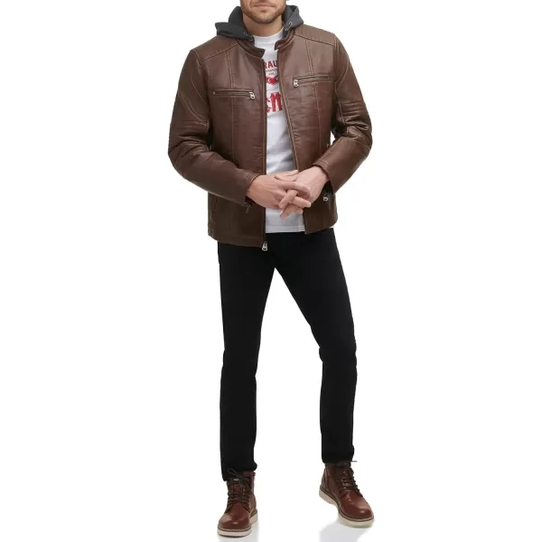 Levis Mens Faux Leather Hooded Racer JacketStandard Saddle