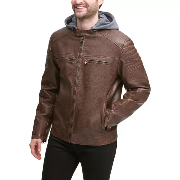 Levis Mens Faux Leather Hooded Racer JacketStandard Saddle Modern Lamb