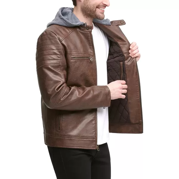 Levis Mens Faux Leather Hooded Racer JacketStandard Saddle Modern Lamb