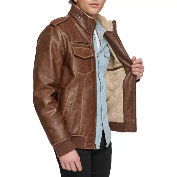 Levis Mens Faux Leather Sherpa Aviator Bomber Jacket Regular amp Big amp Tall SizesSaddle Brown
