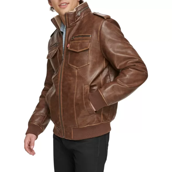 Levis Mens Faux Leather Sherpa Aviator Bomber Jacket Regular amp Big amp Tall SizesSaddle Brown