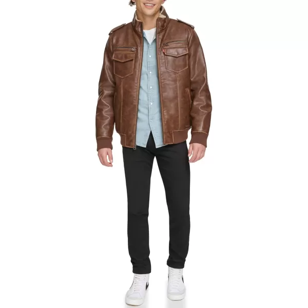 Levis Mens Faux Leather Sherpa Aviator Bomber Jacket Regular amp Big amp Tall SizesSaddle Brown