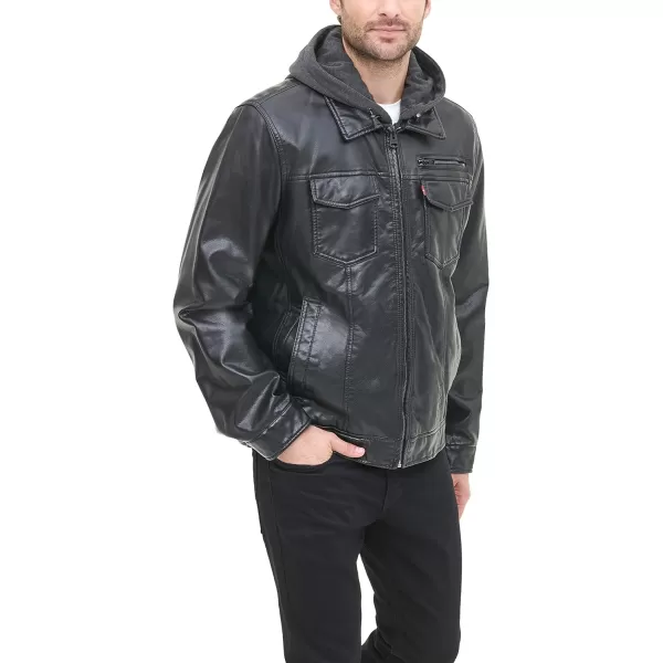 Levis Mens Faux Leather Trucker Hoody with Sherpa Lining Regular and Big and Tall Sizes Black MediumLevis Mens Faux Leather Trucker Hoody with Sherpa Lining Regular and Big and Tall Sizes Black Medium