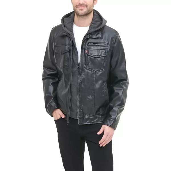 Levis Mens Faux Leather Trucker Hoody with Sherpa Lining Regular and Big and Tall Sizes Black MediumLevis Mens Faux Leather Trucker Hoody with Sherpa Lining Regular and Big and Tall Sizes Black Medium