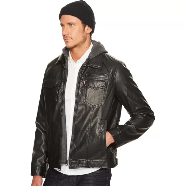 Levis Mens Faux Leather Trucker Hoody with Sherpa Lining Regular and Big and Tall SizesStandard Black