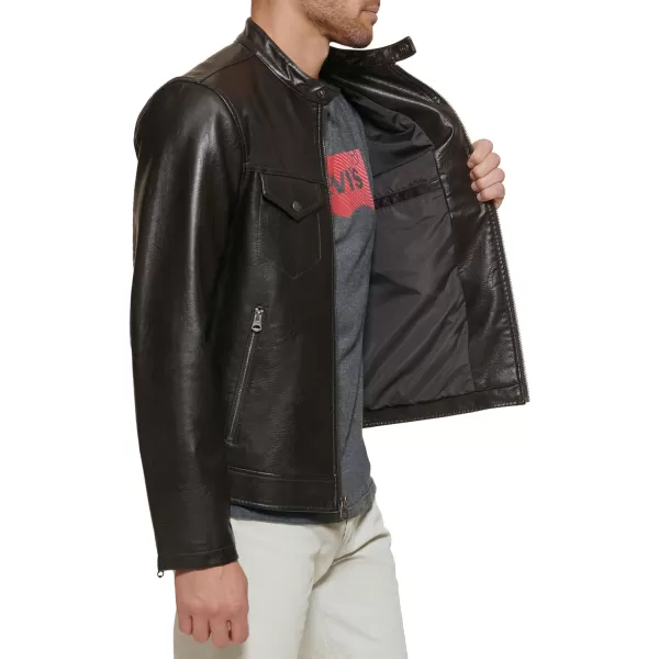 Levis Mens Faux Leather Trucker Racer JacketDark Brown