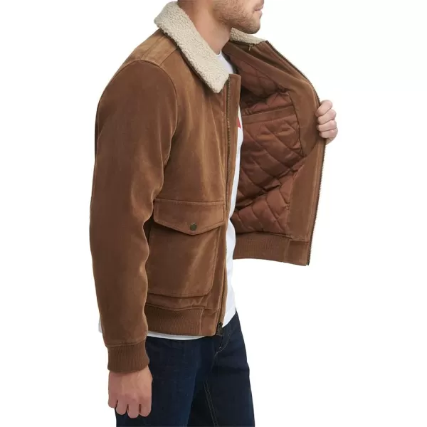 Levis Mens Faux Suede Aviator Bomber JacketCognac Faux Suede  Sherpa Collar