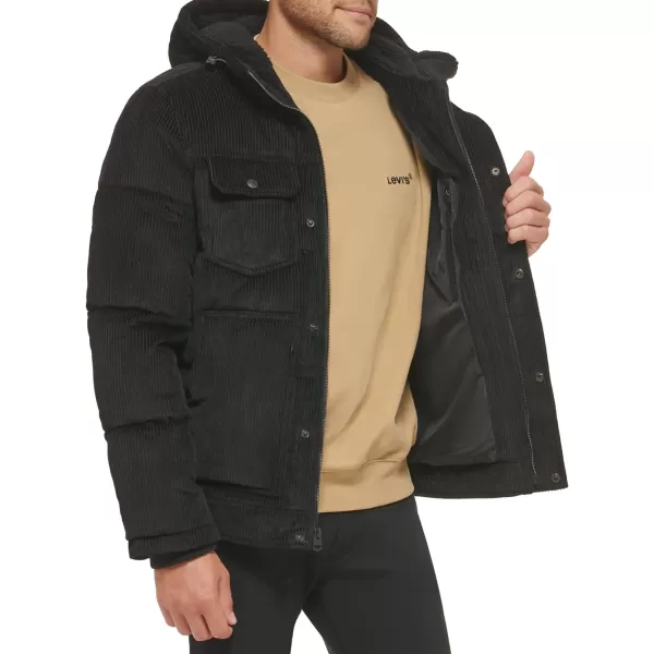 Levis Mens Heavyweight MidLength Hooded Military Puffer JacketBlack Corduroy