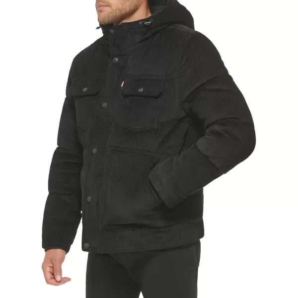 Levis Mens Heavyweight MidLength Hooded Military Puffer JacketBlack Corduroy