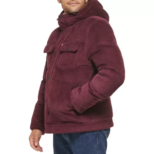 Levis Mens Heavyweight MidLength Hooded Military Puffer JacketBurgundy Corduroy