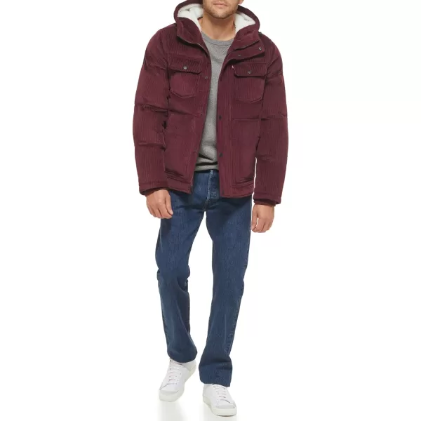 Levis Mens Heavyweight MidLength Hooded Military Puffer JacketBurgundy Corduroy