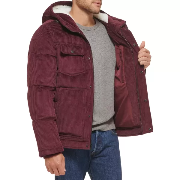 Levis Mens Heavyweight MidLength Hooded Military Puffer JacketBurgundy Corduroy