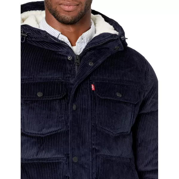 Levis Mens Heavyweight MidLength Hooded Military Puffer JacketNavy Corduroy