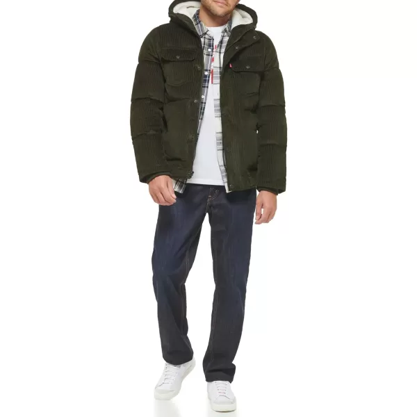 Levis Mens Heavyweight MidLength Hooded Military Puffer JacketOlive Corduroy