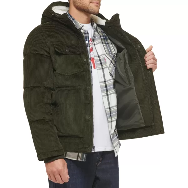 Levis Mens Heavyweight MidLength Hooded Military Puffer JacketOlive Corduroy