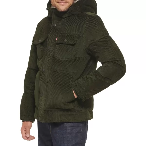 Levis Mens Heavyweight MidLength Hooded Military Puffer JacketOlive Corduroy