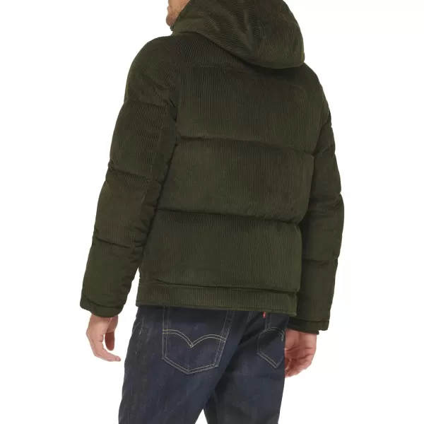 Levis Mens Heavyweight MidLength Hooded Military Puffer JacketOlive Corduroy