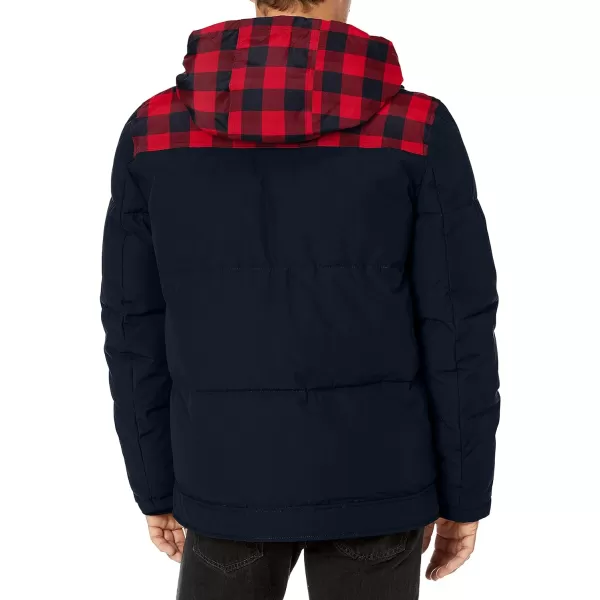 Levis Mens Heavyweight MidLength Hooded Military Puffer JacketRed Buffalo PlaidNavy