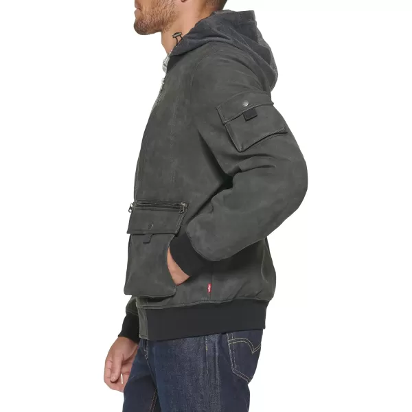 Levis Mens Hooded Bomber JacketGrey Faux Leather Hooded