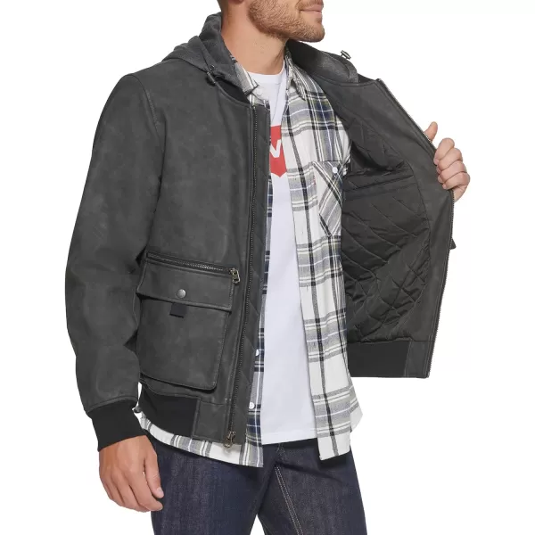 Levis Mens Hooded Bomber JacketGrey Faux Leather Hooded