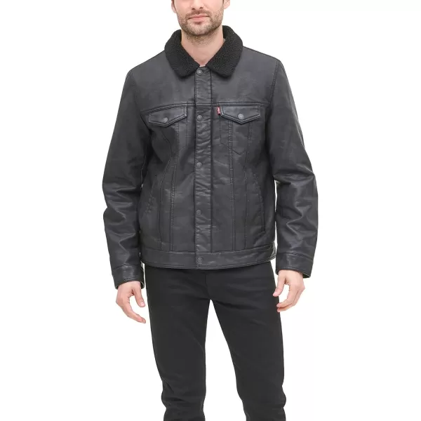 Levis Mens Legacy Faux Leather Sherpa Lined Trucker JacketBlack