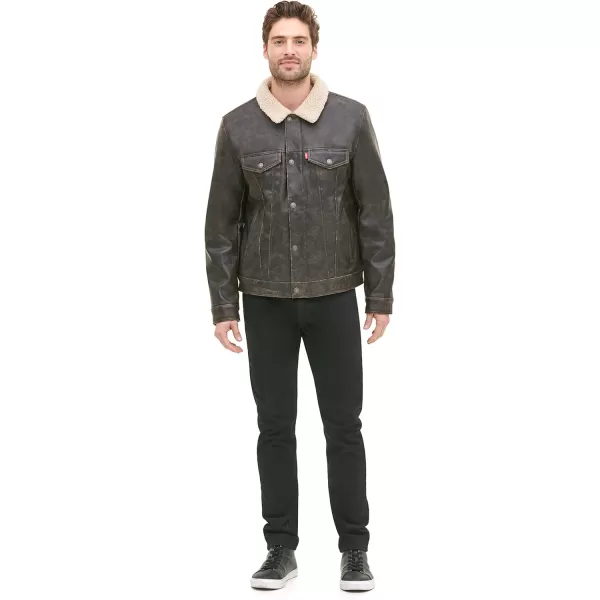 Levis Mens Legacy Faux Leather Sherpa Lined Trucker JacketDark Brown