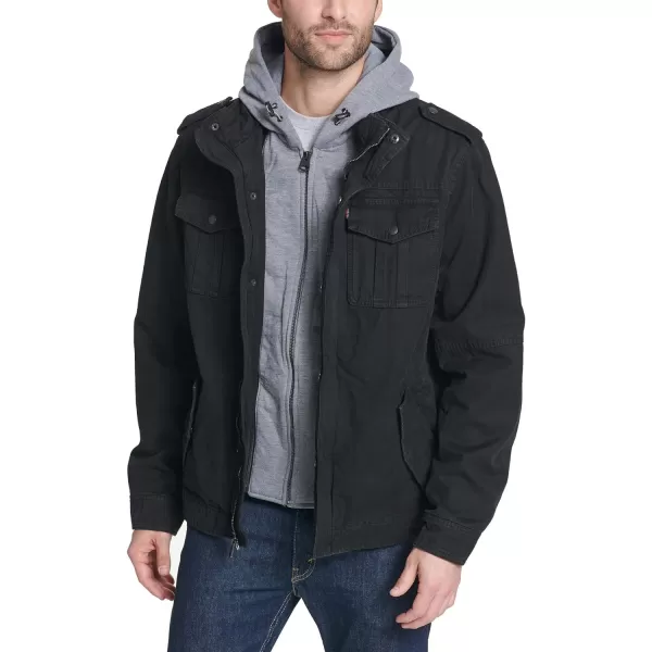 Levis Mens Legacy Washed Cotton Hooded Military JacketDeep Black