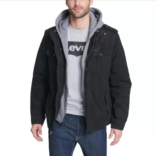 Levis Mens Legacy Washed Cotton Hooded Military JacketDeep Black