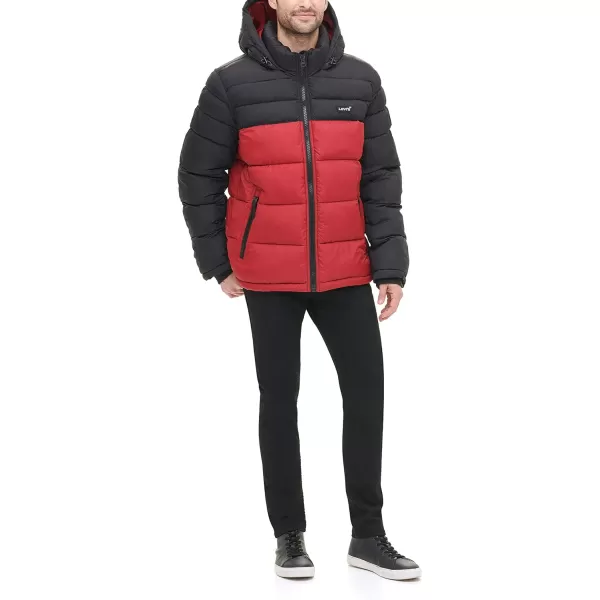 Levis Mens MidLength Quilted Performance Hoody Puffer JacketBlackRed