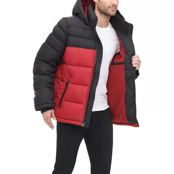 Levis Mens MidLength Quilted Performance Hoody Puffer JacketBlackRed