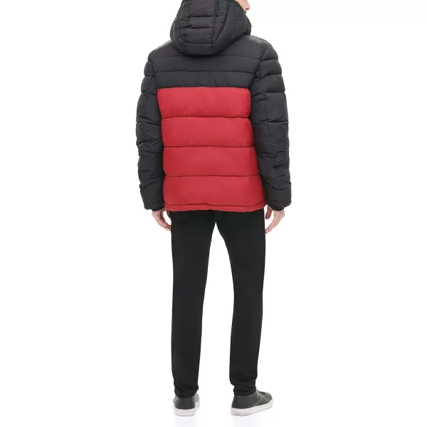 Levis Mens MidLength Quilted Performance Hoody Puffer JacketBlackRed