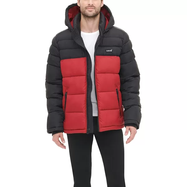 Levis Mens MidLength Quilted Performance Hoody Puffer JacketBlackRed