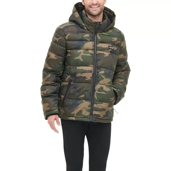 Levis Mens MidLength Quilted Performance Hoody Puffer JacketCamouflage