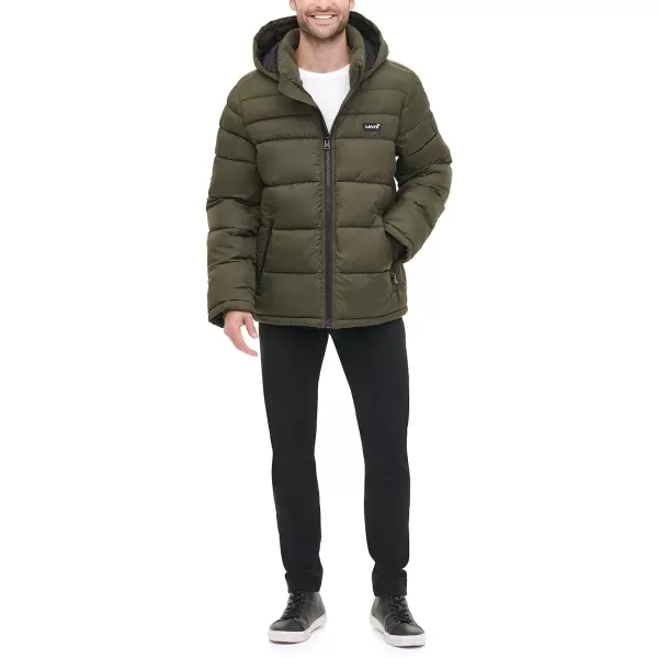 Levis Mens MidLength Quilted Performance Hoody Puffer JacketOlive