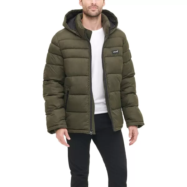 Levis Mens MidLength Quilted Performance Hoody Puffer JacketOlive