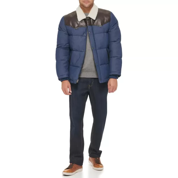 Levis Mens Out West Mixed Media Puffer JacketFaded Blue Denim Puffer